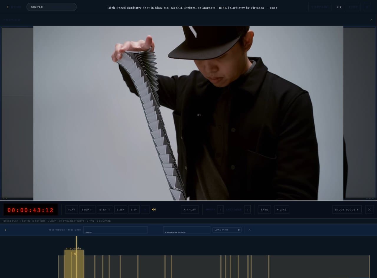 The cardistry.org Workspace: an anaconda move paused mid-air with every card fanned into a ribbon, its tag and the frame-by-frame timeline both visible.